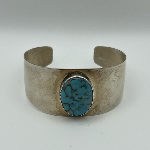 Danecraft sterling silver wide cuff bracelet blue cabochon stone vintage - Picture 6 of 16